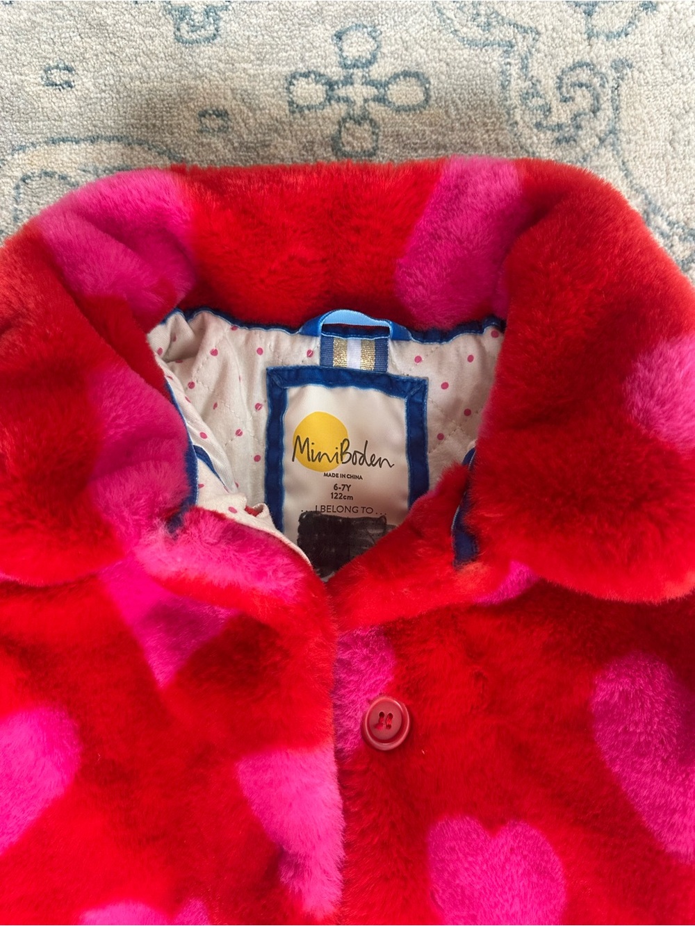 Mini Boden Faux Fur Heart Coat Girls 6-7Y Red Pink Warm Coat - Picture 3 of 10